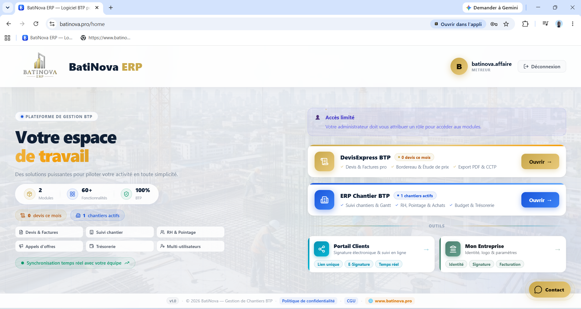 BatiNova ERP — Le logiciel de gestion tout-en-un pour entreprises BTP