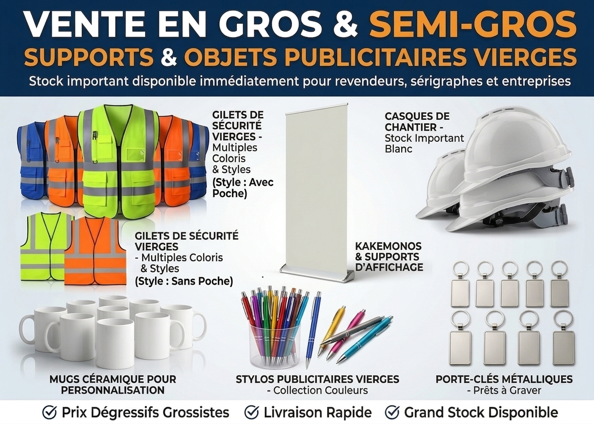 Vente en Gros et semi-gros : Objets Publicitaires & Textiles Vierges Personnalisables (Chasubles, Tasses, Stylos, Kakémonos, etc.)